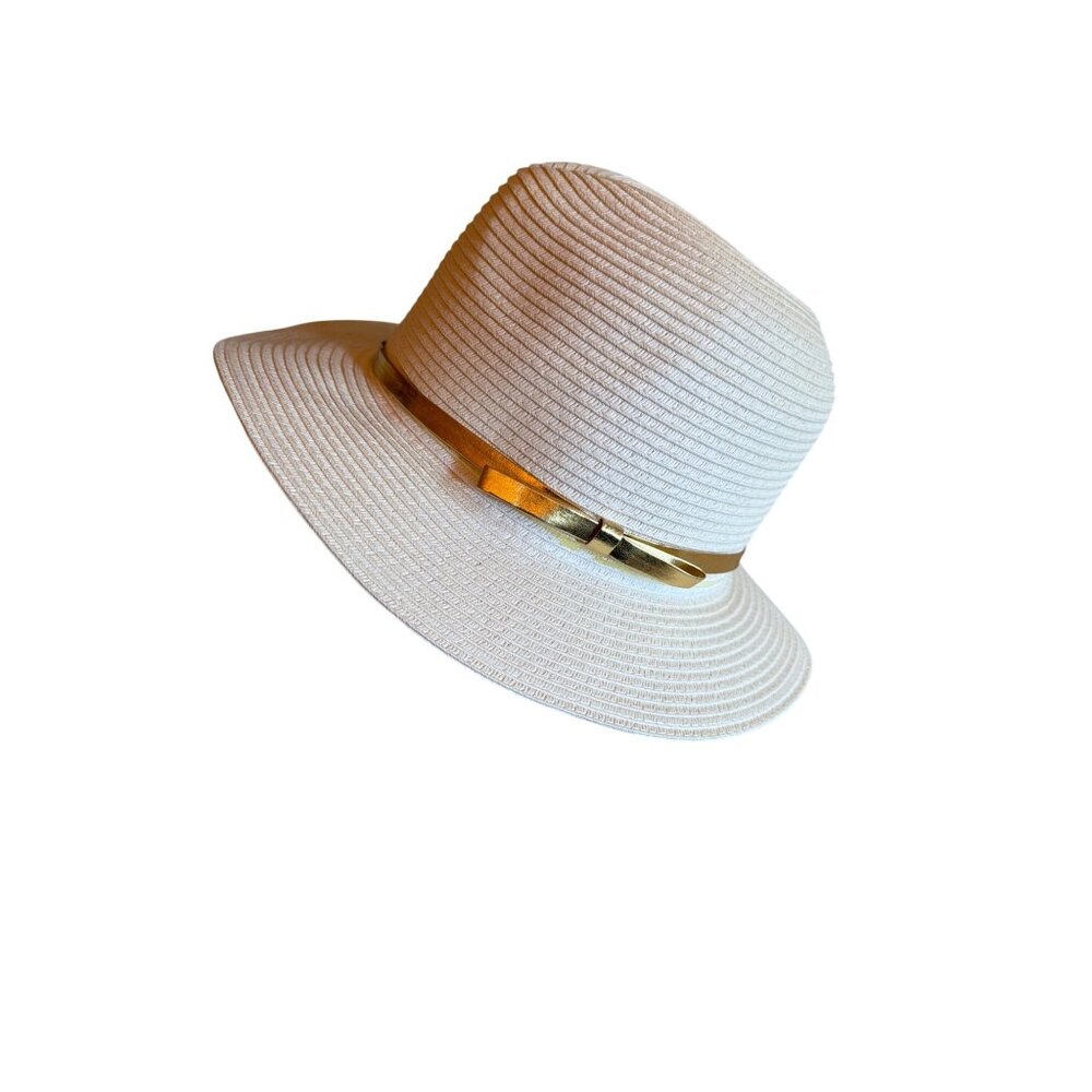 Charlie Paige Ivory‎ Paper Straw Sun Hat W/ Gold Band & Bow One Size